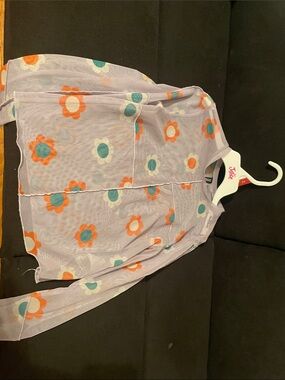 Divided Lavender Sheer Mesh Top with Orange & Teal Floral Dots